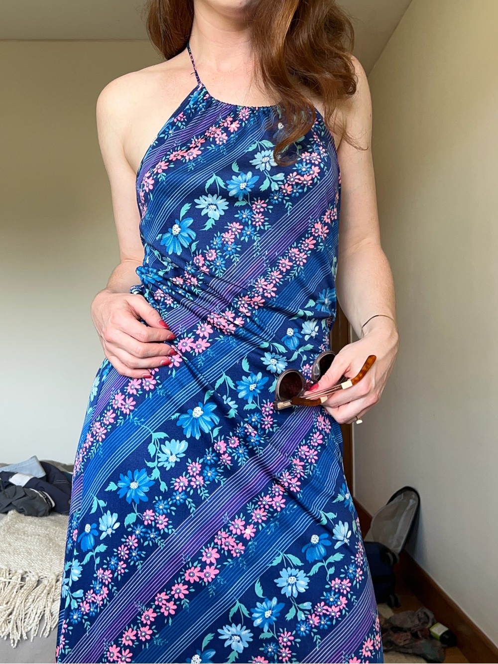 1970s Vintage Halter Floral Maxi Dress M